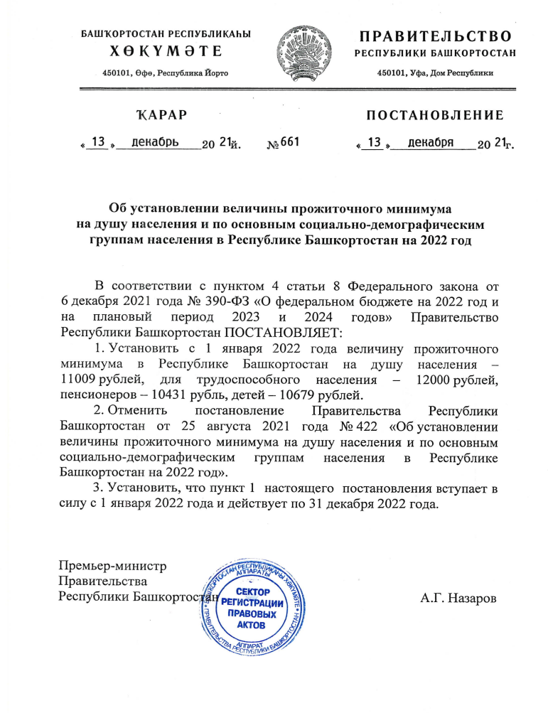 Постановление Правительства Республики Башкортостан от 13.12.2021 г. № 661