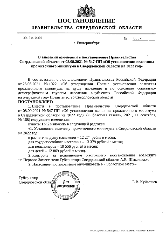Постановление Правительства Свердловской области от 09.12.2021 № 868-ПП