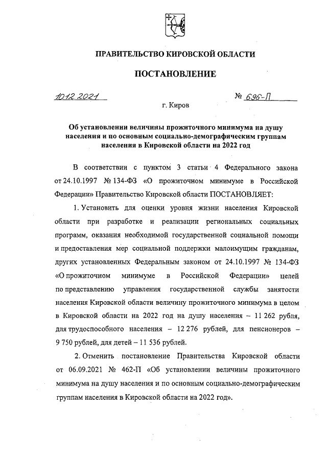 Постановление Правительства Кировской области от 10.12.2021 г. № 696-п
