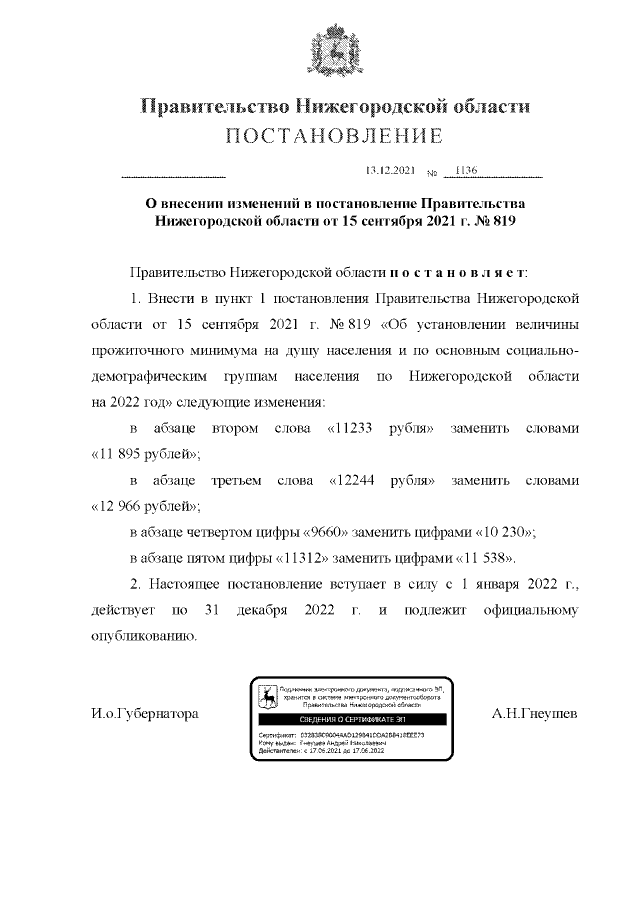 Постановление Правительства Нижего-родской области от 15.09.2021 г. № 819 (в ред. от 13.12.2021 г. № 1136) 