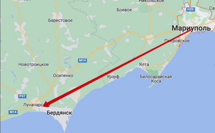Карта Бердянск-Мариуполь движущихся грузовиков